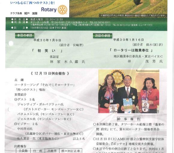 2018年1月9日　週報