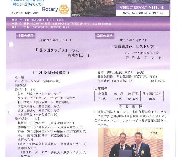 2019年1月22日　週報