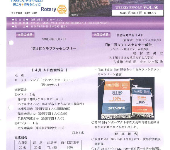 2019年5月7日　週報