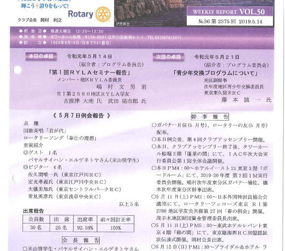 2019年5月14日　週報